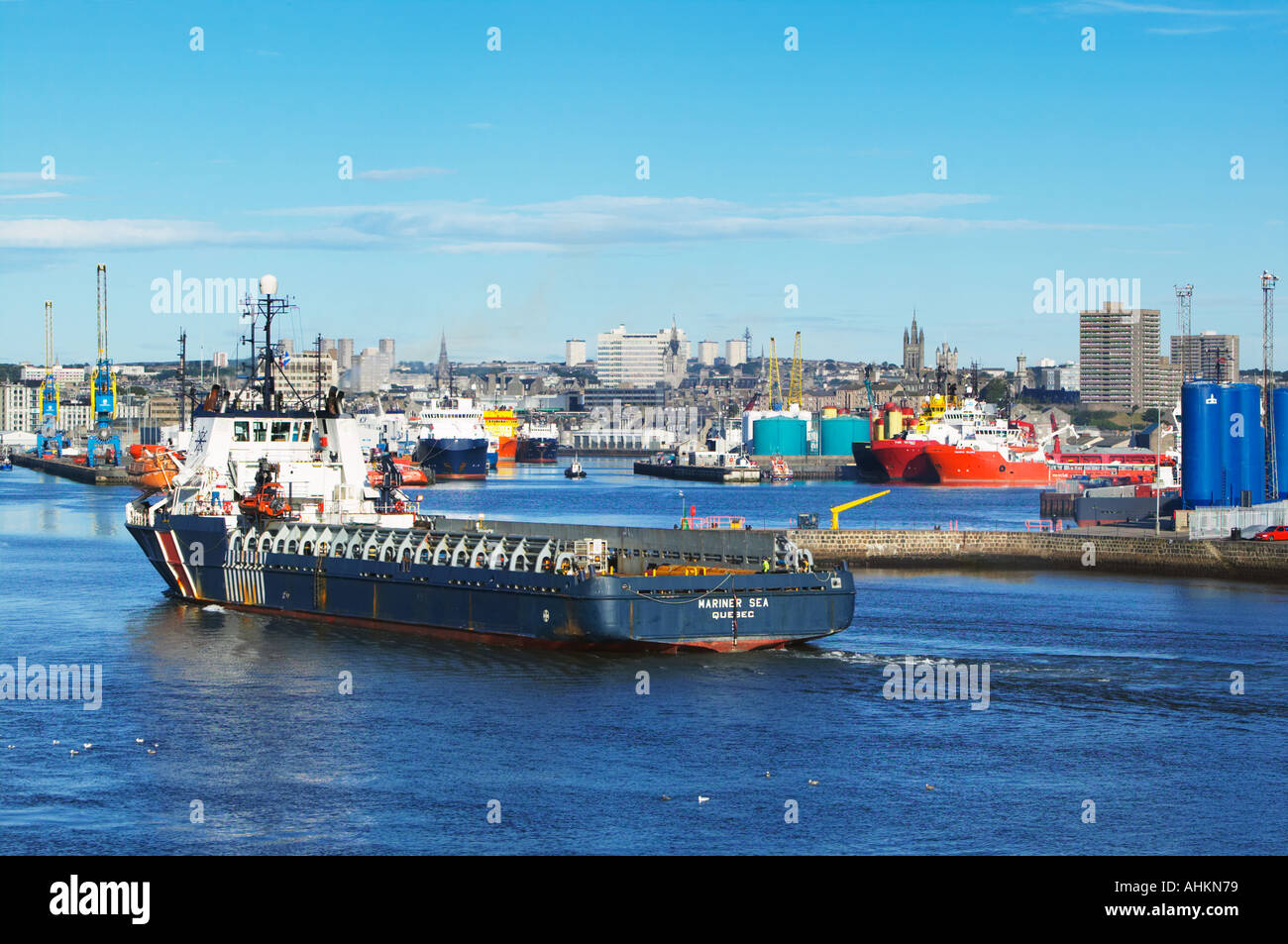 Aberdeen Harbour, Aberdeen, Scotland.  Supply boat entering the harbour. Stock Photo