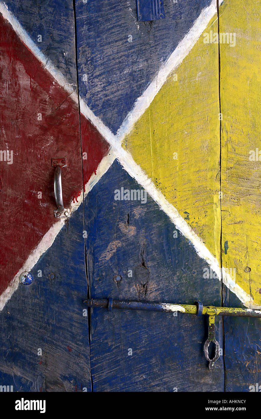 Colored painted wooden door in Morocco Stock Photo