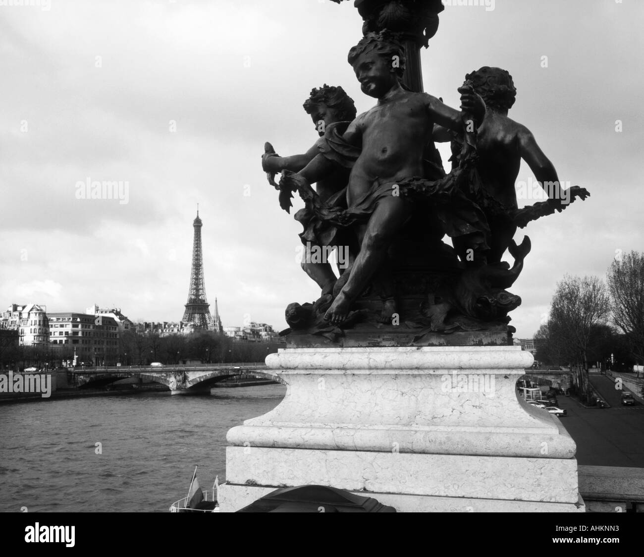 Statue on Pont Alexandre III Bridge and Eiffel Tower  Paris France Stock Photo