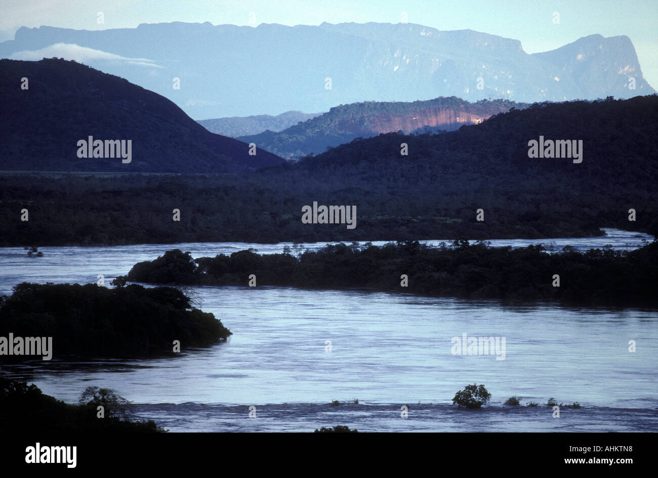 Venezuela Amazonas Territory Puerto Ayacucho Raudales Atures rapids along Orinoco River at sunset Stock Photo