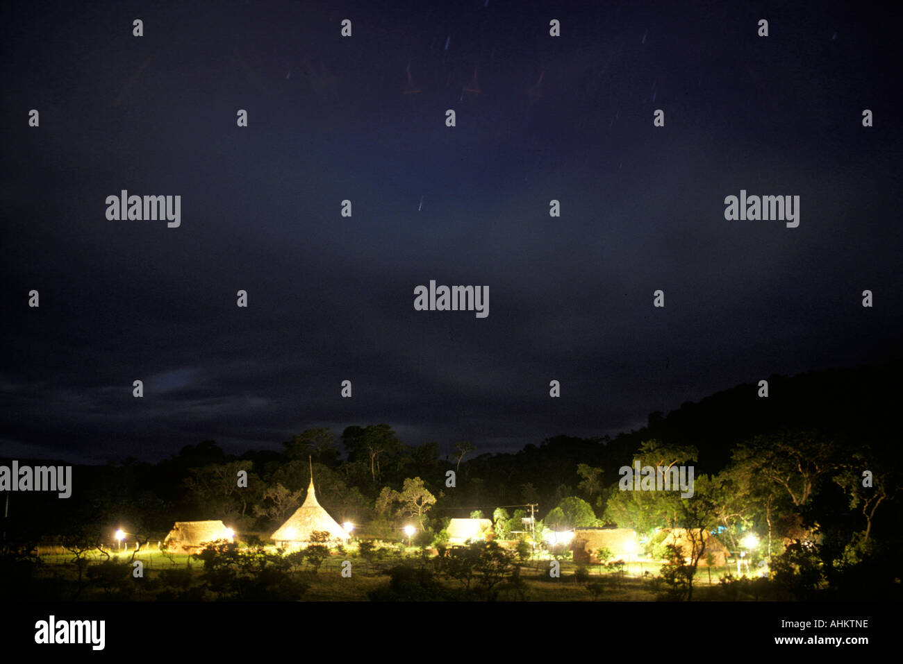 Venezuela Amazonas Territory Puerto Ayacucho Rainforest lodge near Orinoco River at night Stock Photo