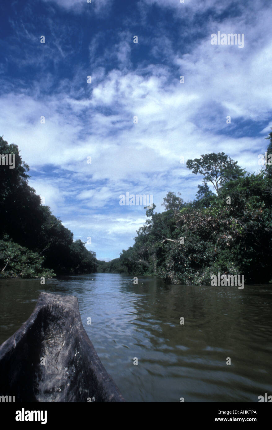 Venezuela Amazonas Territory Puerto Ayacucho Dugout canoe travels up Orinoco River Stock Photo