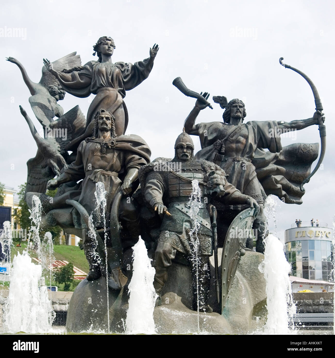 Kyi, Schek, Khoryv and their sister Lybid (founders of Kyiv) Monument on Independence Square in Kiev Ukraine Stock Photo