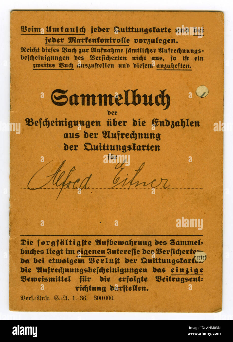 Nazism/National Socialism, documents, booklet to certificate the final numbers of the compensation of receipt cards, Saxony-Anhalt insurance institution, Halberstadt, 2.12.1936, Stock Photo
