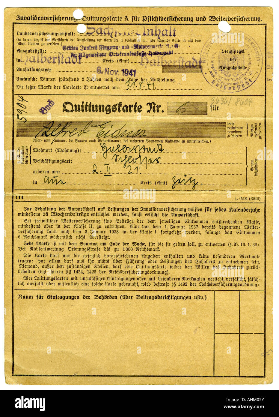 Nazism/National Socialism, documents, disability insurance, receipt cards, Saxony-Anhalt insurance institution, issued to Alfred Eidner by Junkers Motor Works, Halberstadt, 6.11.1941, Stock Photo