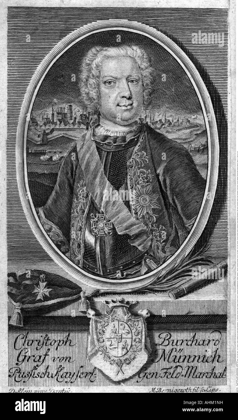 Munnich, Burkhard Christoph, count of, 19.5.1683 - 16.10.1767, German - Russian marshal, half length, engraving by Johann Martin Bernigeroth, 18th century, Artist's Copyright has not to be cleared Stock Photo