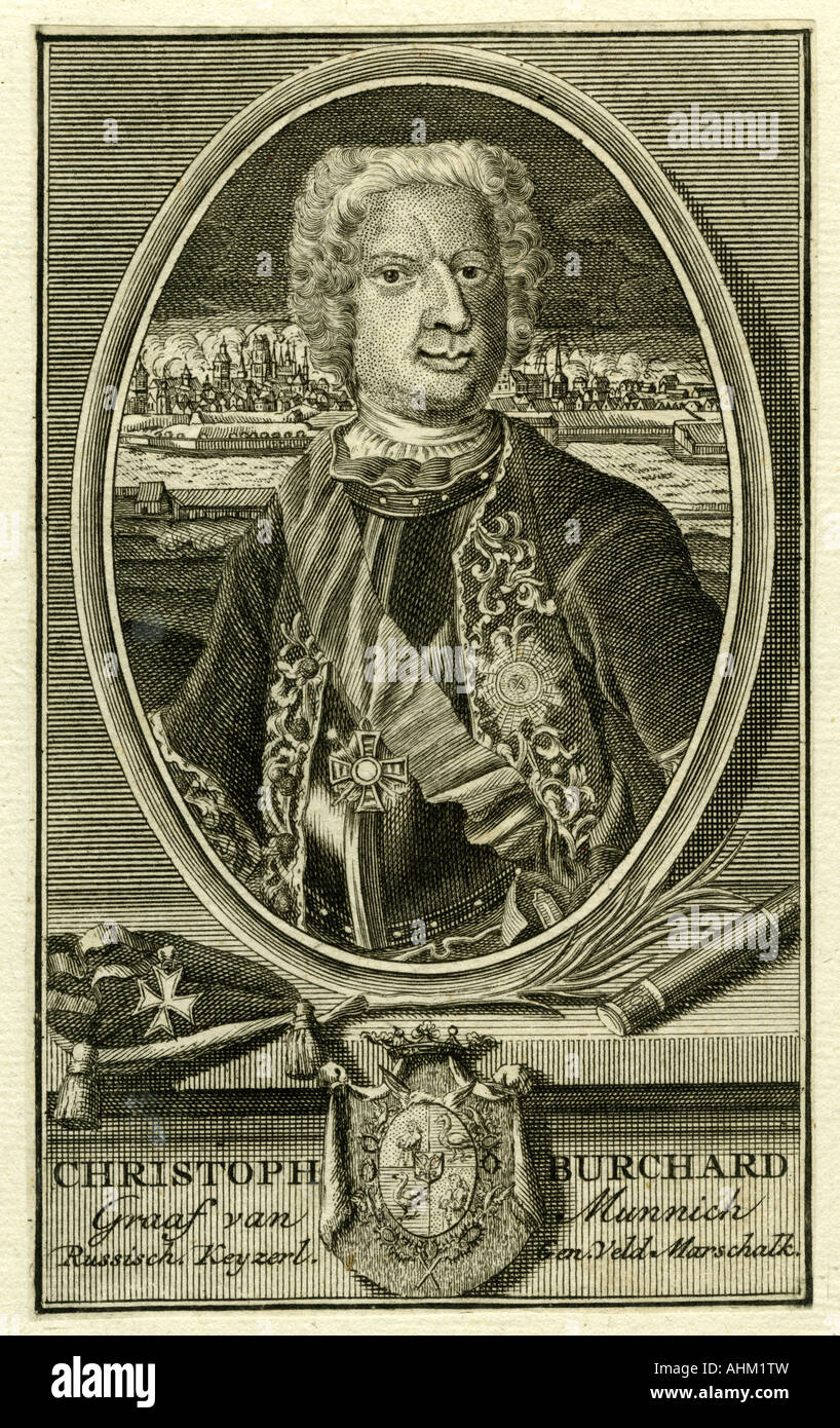 Munnich, Burkhard Christoph, count of, 19.5.1683 - 16.10.1767, German - Russian marshal, portrait, engraving by Johann Martin Bernigeroth, 18th century, Artist's Copyright has not to be cleared Stock Photo