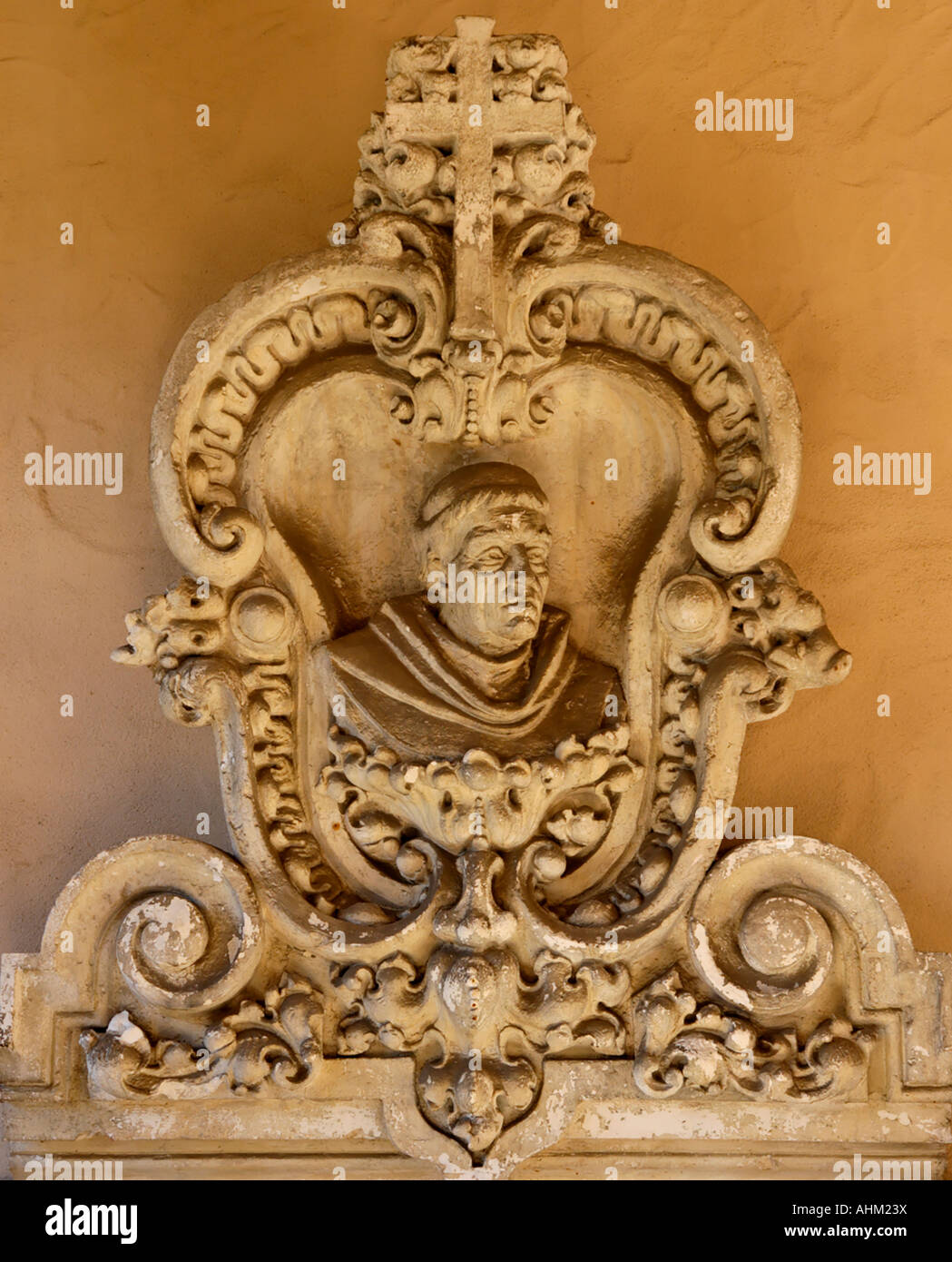 An architectural detail from one of the buildings is on display in an alcove of the Casa del Prado building in Balboa Park, San Diego, California, USA Stock Photo