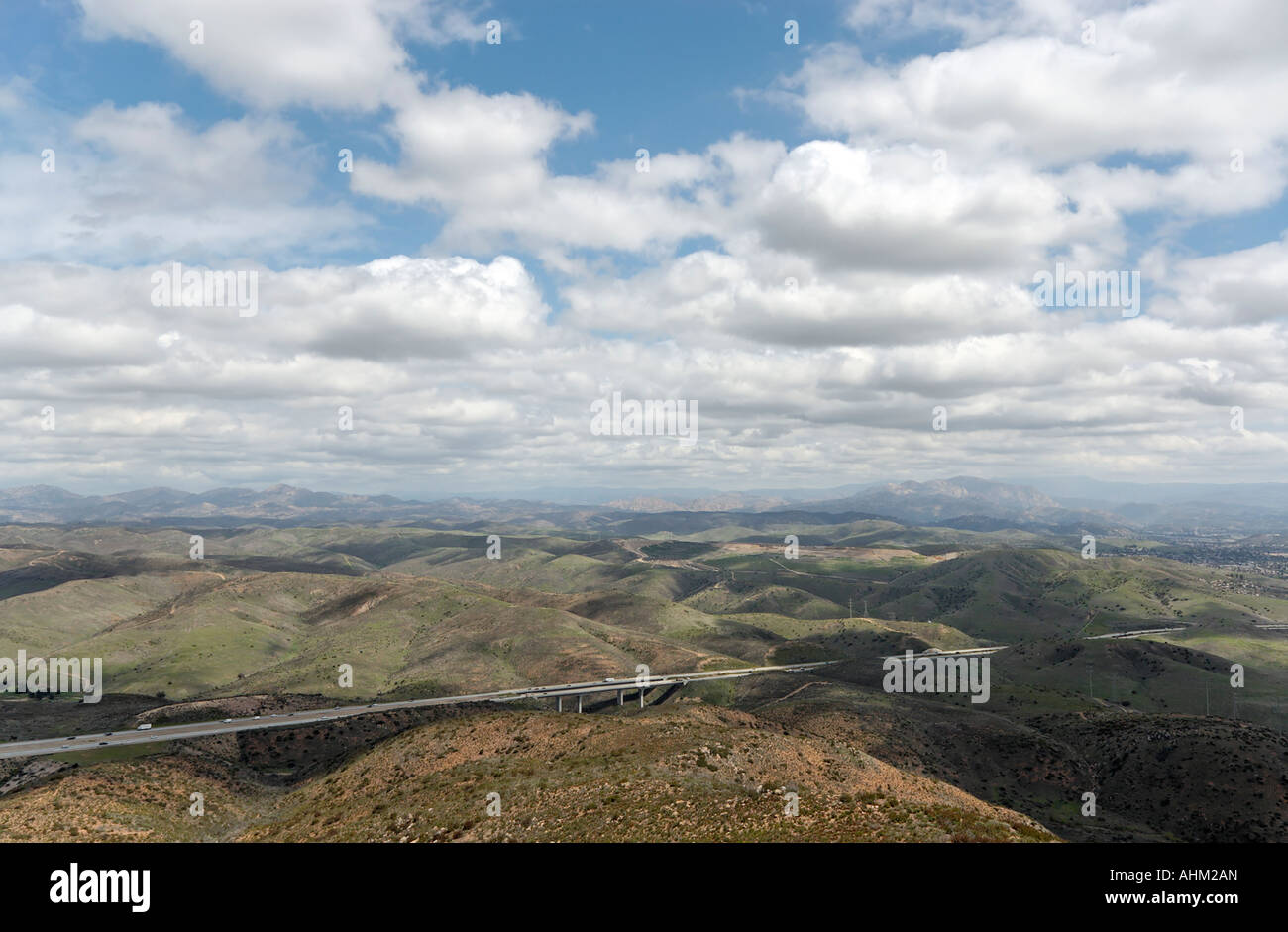 Aerial view of Highway 52 freeway through rolling hills in San Diego California USA Stock Photo