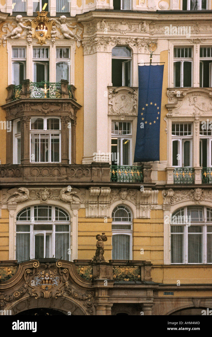 The Euopean Union flag hanging outside the city hall in Prague Stock Photo