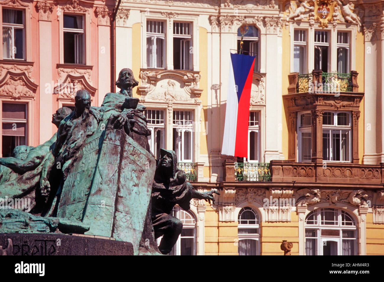 The Jan Hus statue in front of the city hall in Prague Old Town Square Stock Photo