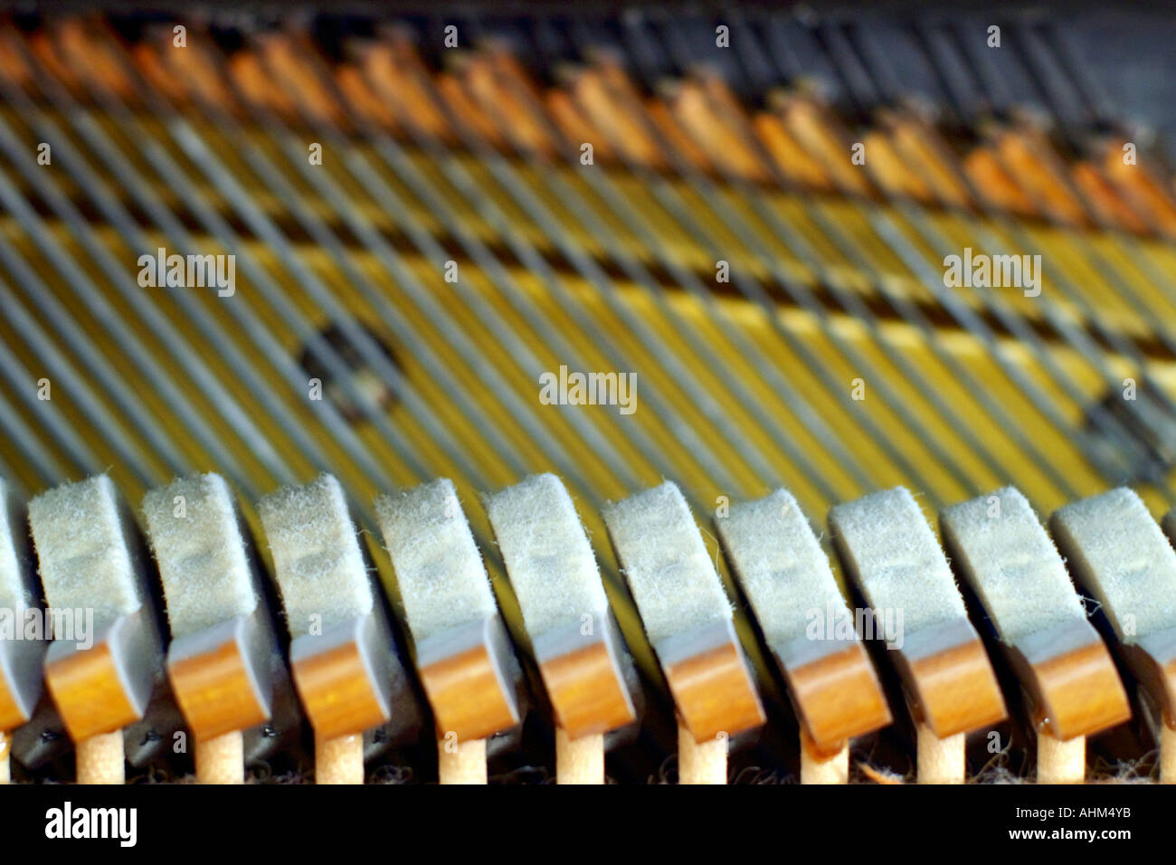 Felt-covered mallets inside a piano's soundbox, with steel strings and soundboard in the background Stock Photo