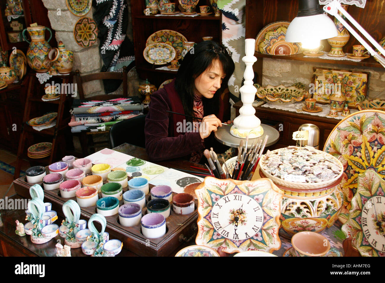 woman painting on traditional ceramics Erice Sicily Stock Photo Alamy