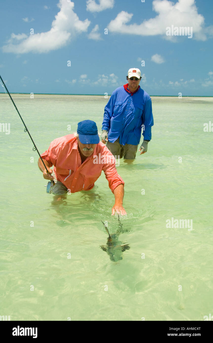Florida Keys Mature fisherman and guide releasing Permit fish while fly-fishing the flats of the emerald green Caribbean Stock Photo