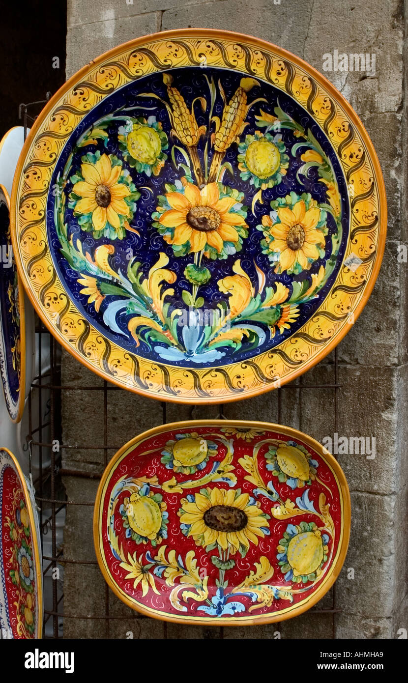 Tuscany Italy ceramic  painted pottery earthenware souvenir sunflowers Stock Photo