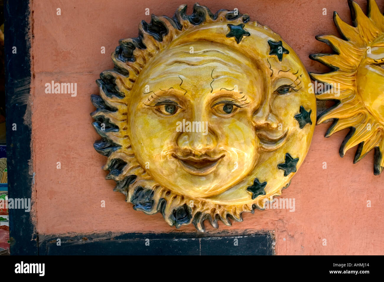 Sun and Moon Tuscany Italy ceramic painted pottery earthenware souvenir Stock Photo