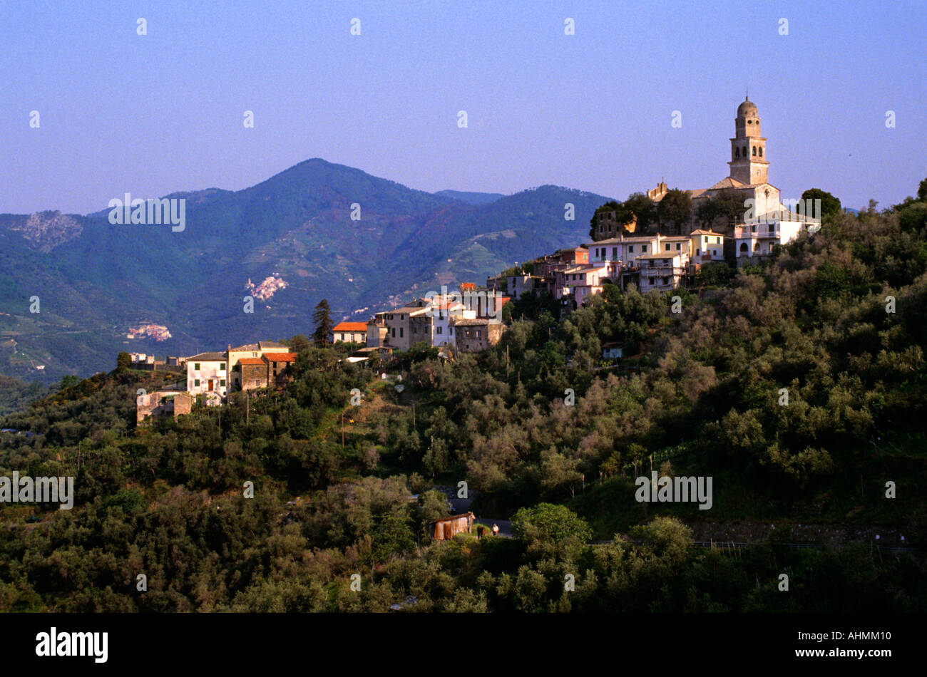 Cinque Terre are five coastal villages in the province of La Spezia in the Liguria region of Italy. Stock Photo