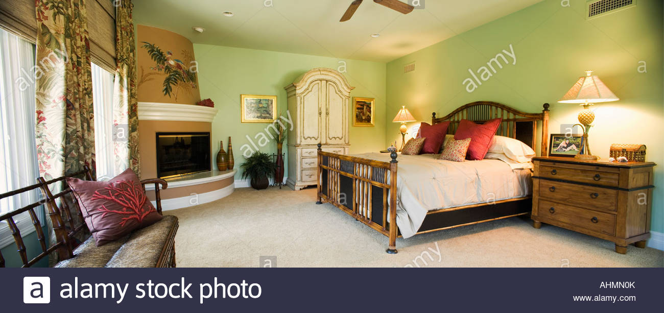 Panoramic Of Beach Style Master Bedroom Stock Photo