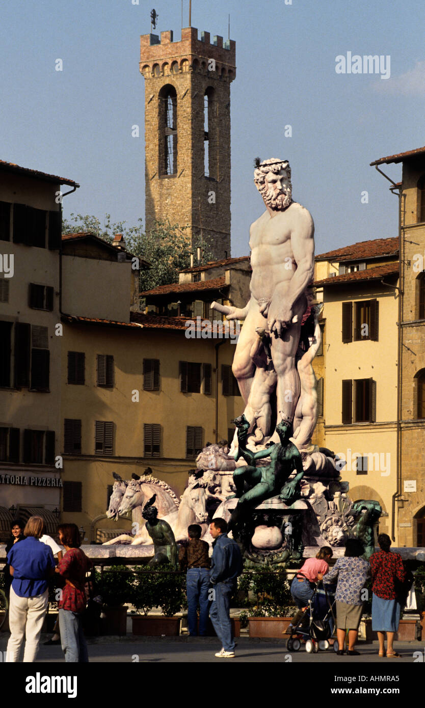 The Fountain of Neptune Florence Italy Piazza della Signoriain front of the Palazzo Vecchio. by Bartolomeo Ammannati Stock Photo