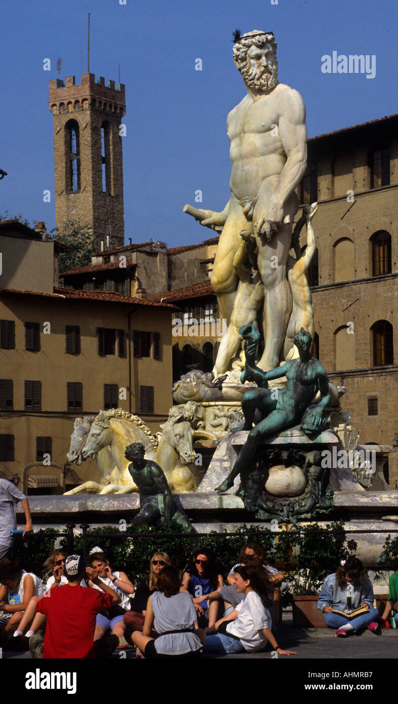 The Fountain of Neptune Florence Italy Piazza della Signoriain front of the Palazzo Vecchio. by Bartolomeo Ammannati Stock Photo