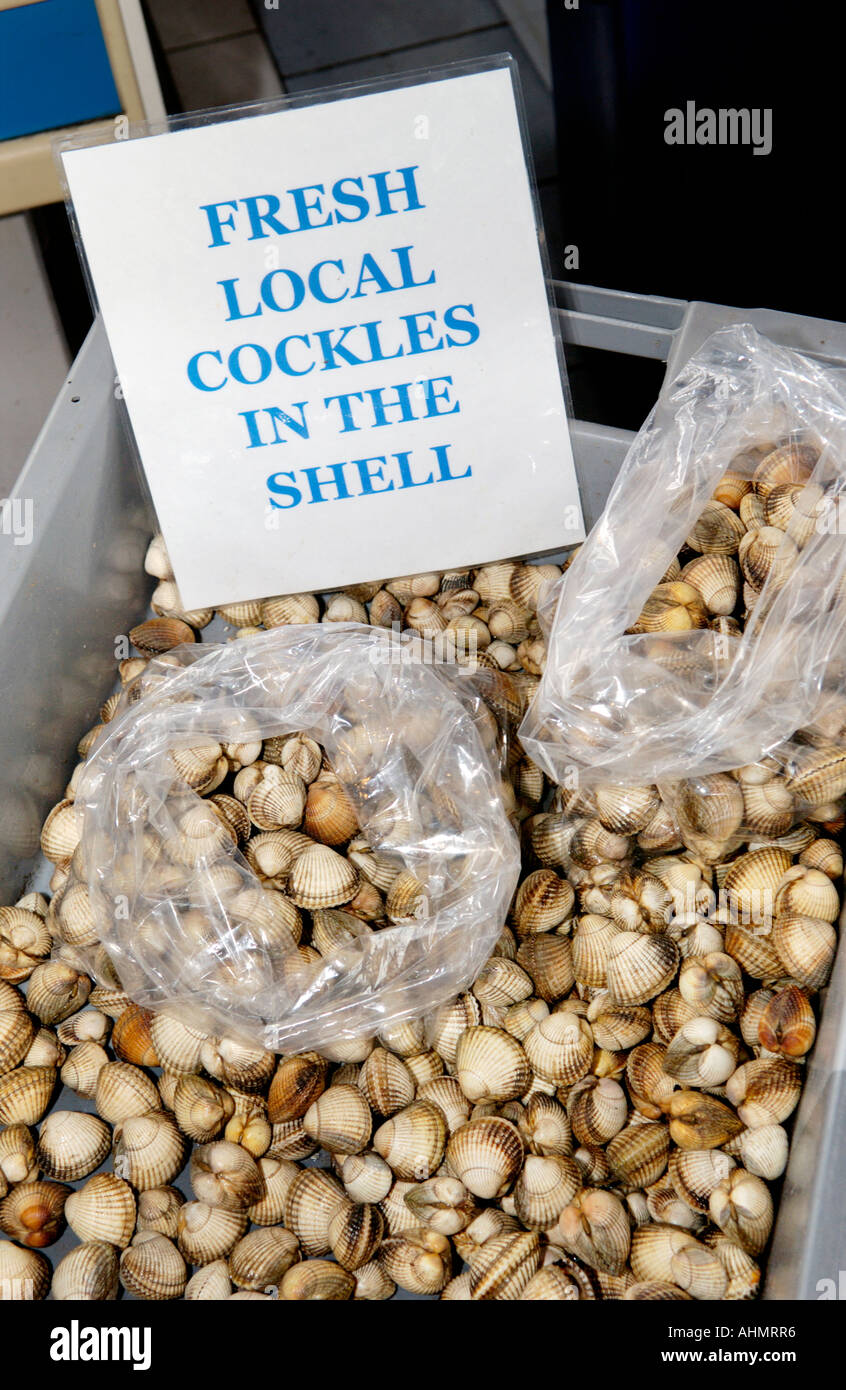 Carol Watts Gower Cockles and Shellfish stall in Swansea Indoor Food Market Wales UK GB EU Stock Photo