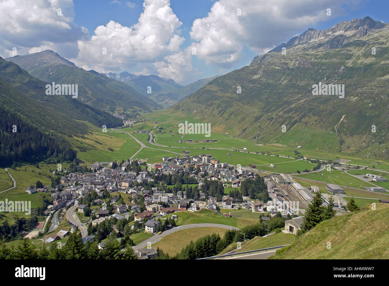 View of Andermatt from Oberalppass descent from east Stock Photo