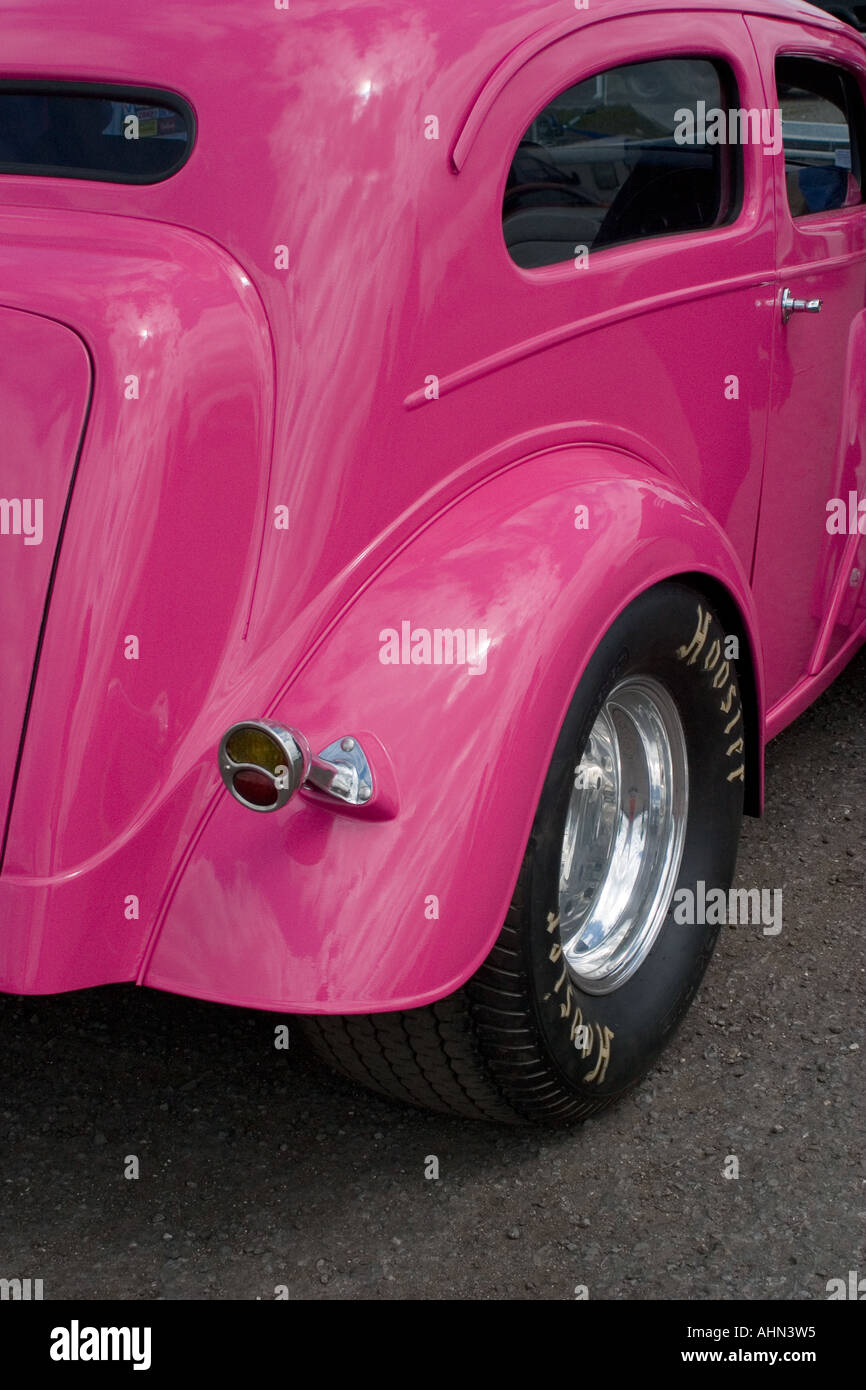 Shocking pink Ford Popular dragster at York Raceway North Yorkshire