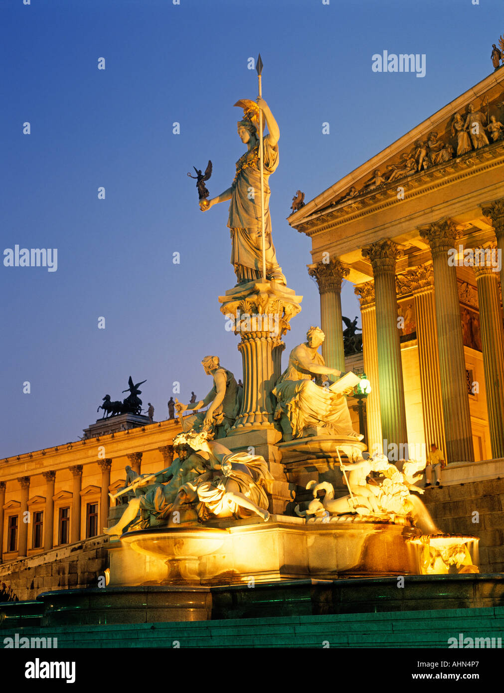 Vienna, Austria.  The Athena Fountain (Pallas-Athene-Brunnen) in front of Austrian Parliament building. Stock Photo