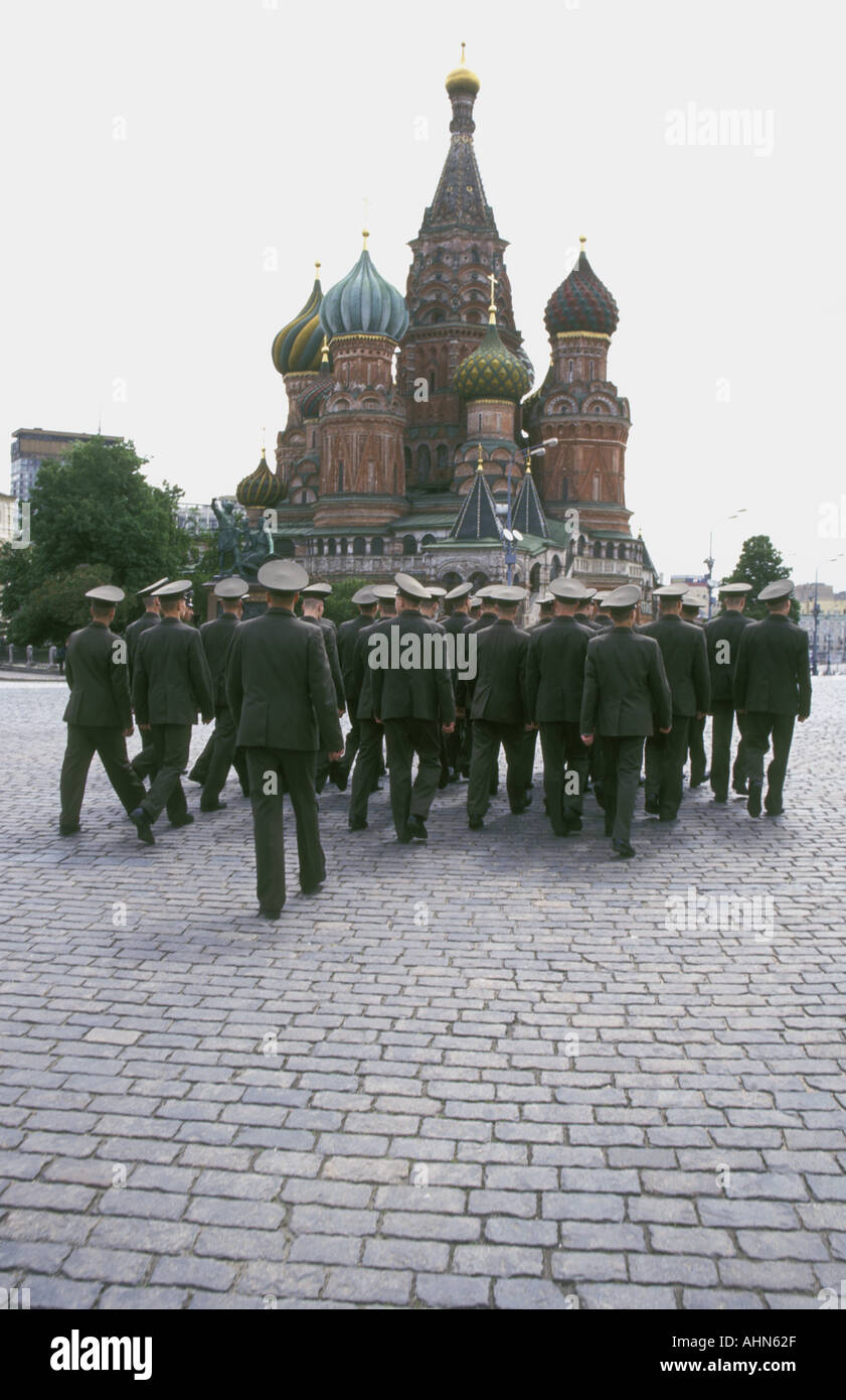 Soldiers in front of St Basil's Church Red Square Moscow Stock Photo