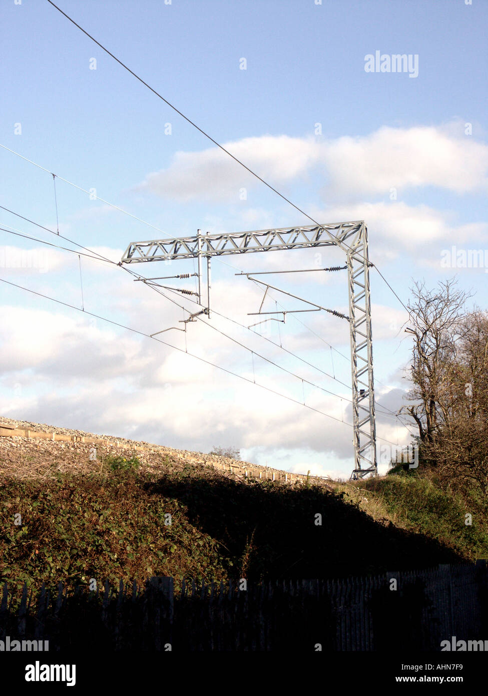 High voltage cables above a railway line in the UK Stock Photo Alamy