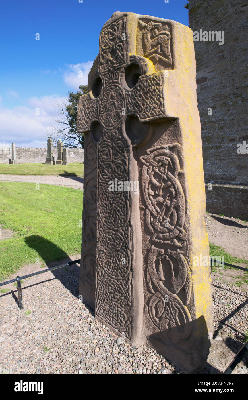 Pictish standing stone at Abermemno church, Angus, Scotland, UK. A Class II Pictish stone. Cross side Stock Photo