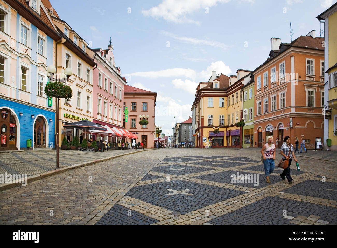 Cobbled main market square Namesti Krale Jiriho z Podebrad Cheb Czech