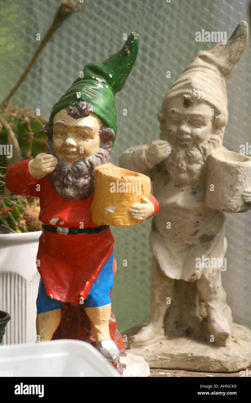 Two Gnomes in a garden Shed Stock Photo