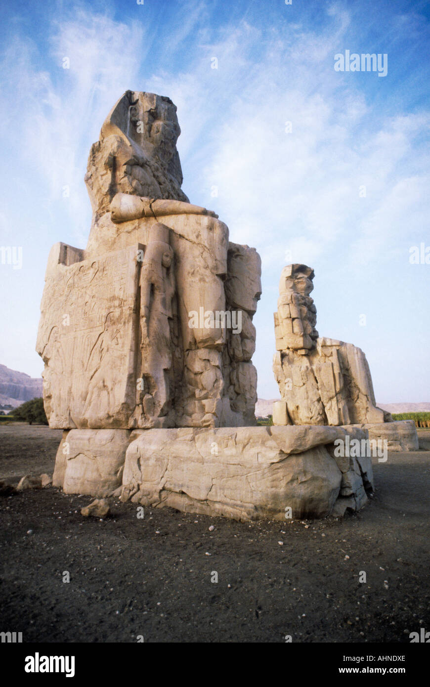 Egypt,  The Colussi of Memnon on the west bank of the Nile. The burial place of  Amenhotep III Stock Photo