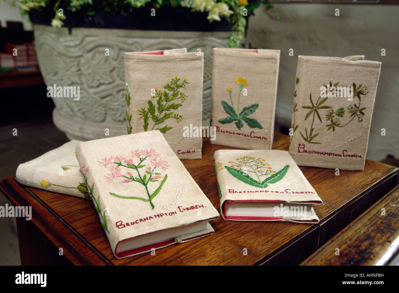 UK Herefordshire Brockhampton All Saints Church embroidered hymnbooks Stock Photo