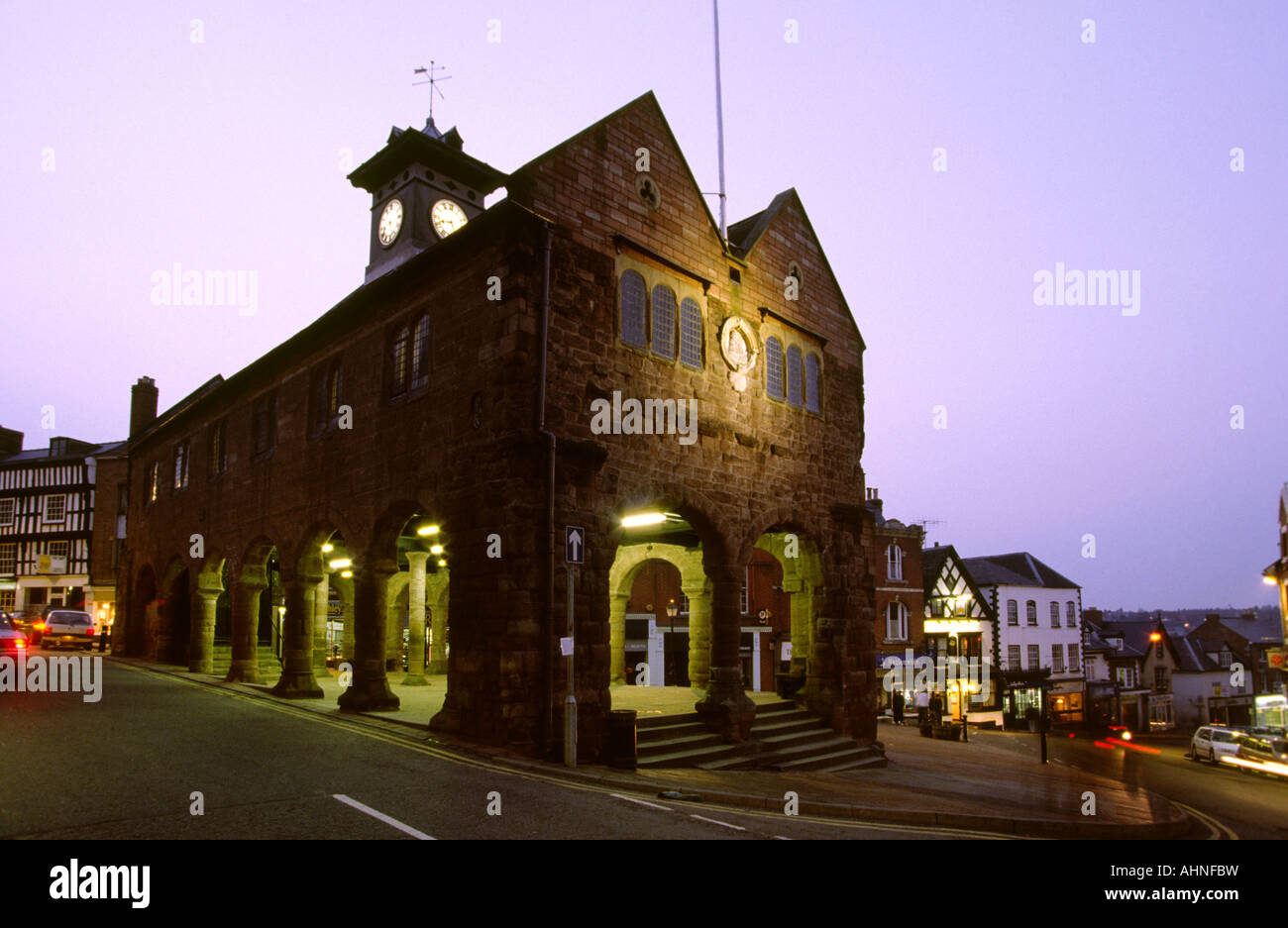 UK Herefordshire Ross on Wye Market Hall at night Stock Photo