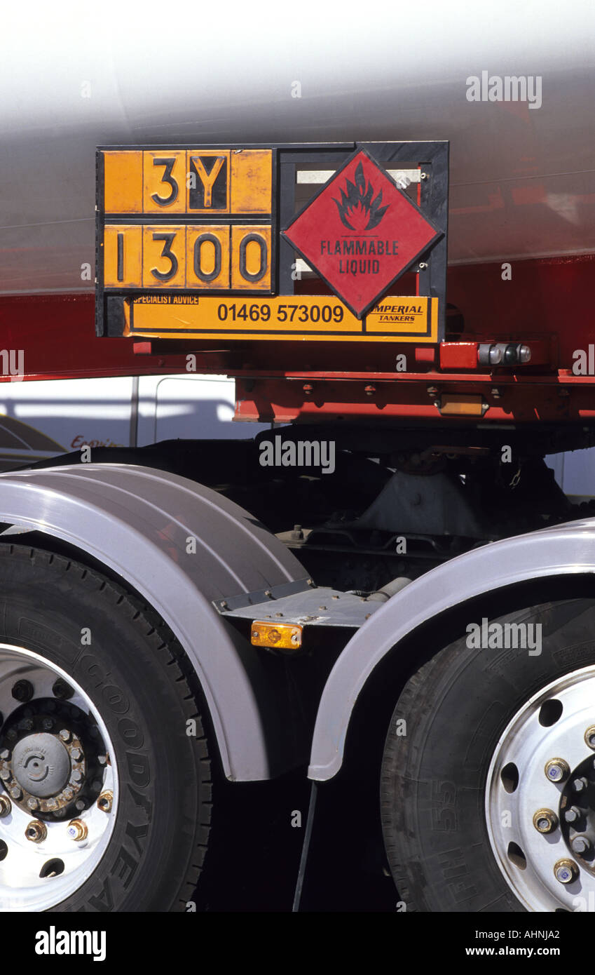 load identification plate on heavy goods vehicle denoting transportation of flammable liquid leeds uk Stock Photo