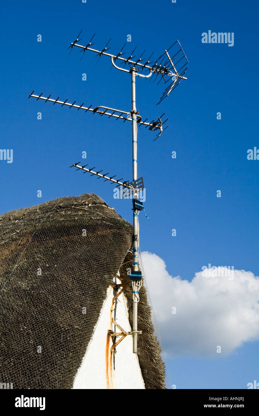TV aerial on a thatched cottage Stock Photo