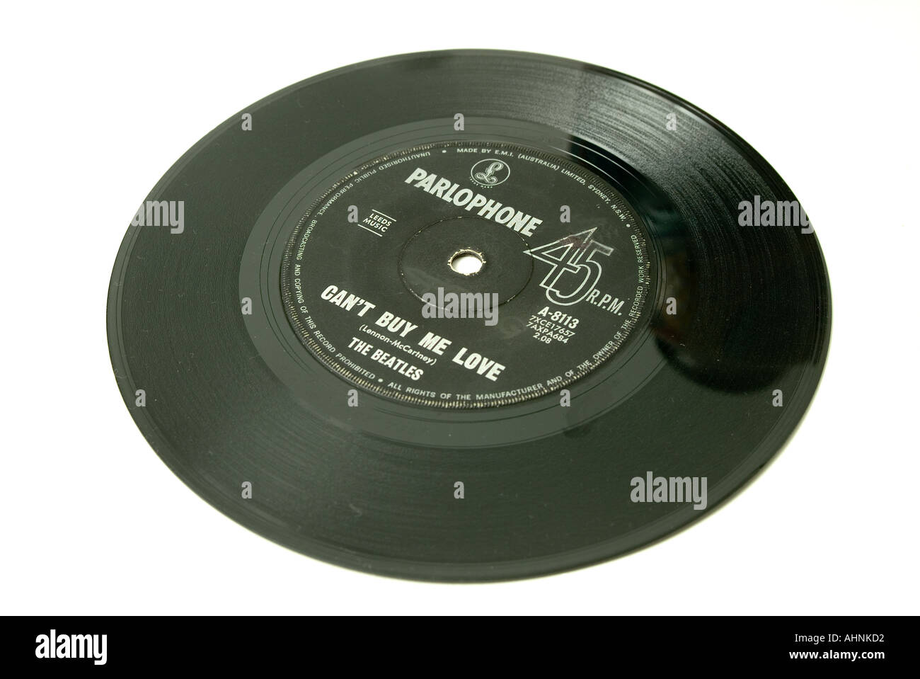 Australian pressing of 45rpm vinyl disc of The Beatles Can't Buy Me Love Stock Photo