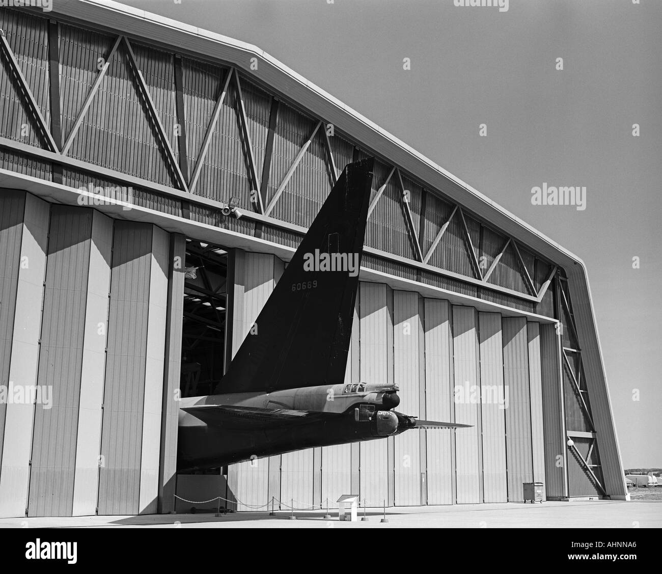 B 52 tail protruding from hanger Stock Photo