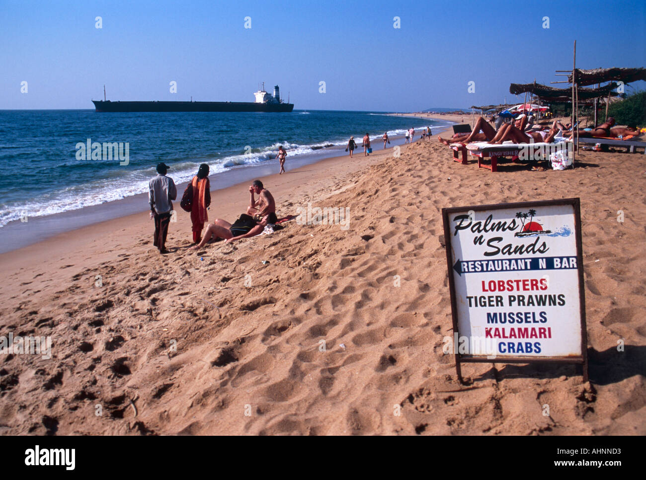 Candolim Beach With Oil Tanker And Restaurant Sign Goa Stock