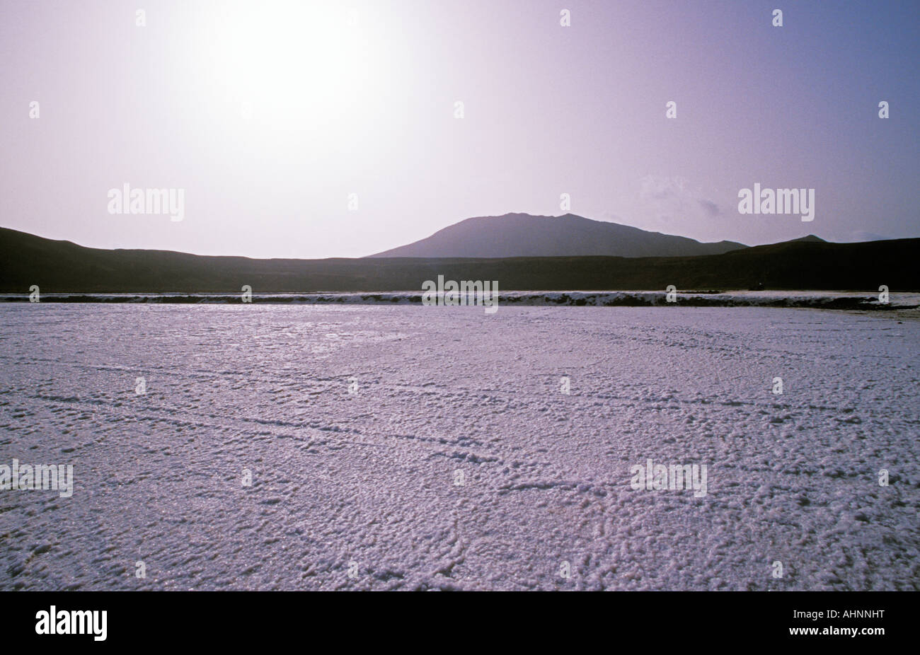 Salt plane at old volcano crater,Pedra Lume, Sal Island, Cape Verde, Africa Stock Photo