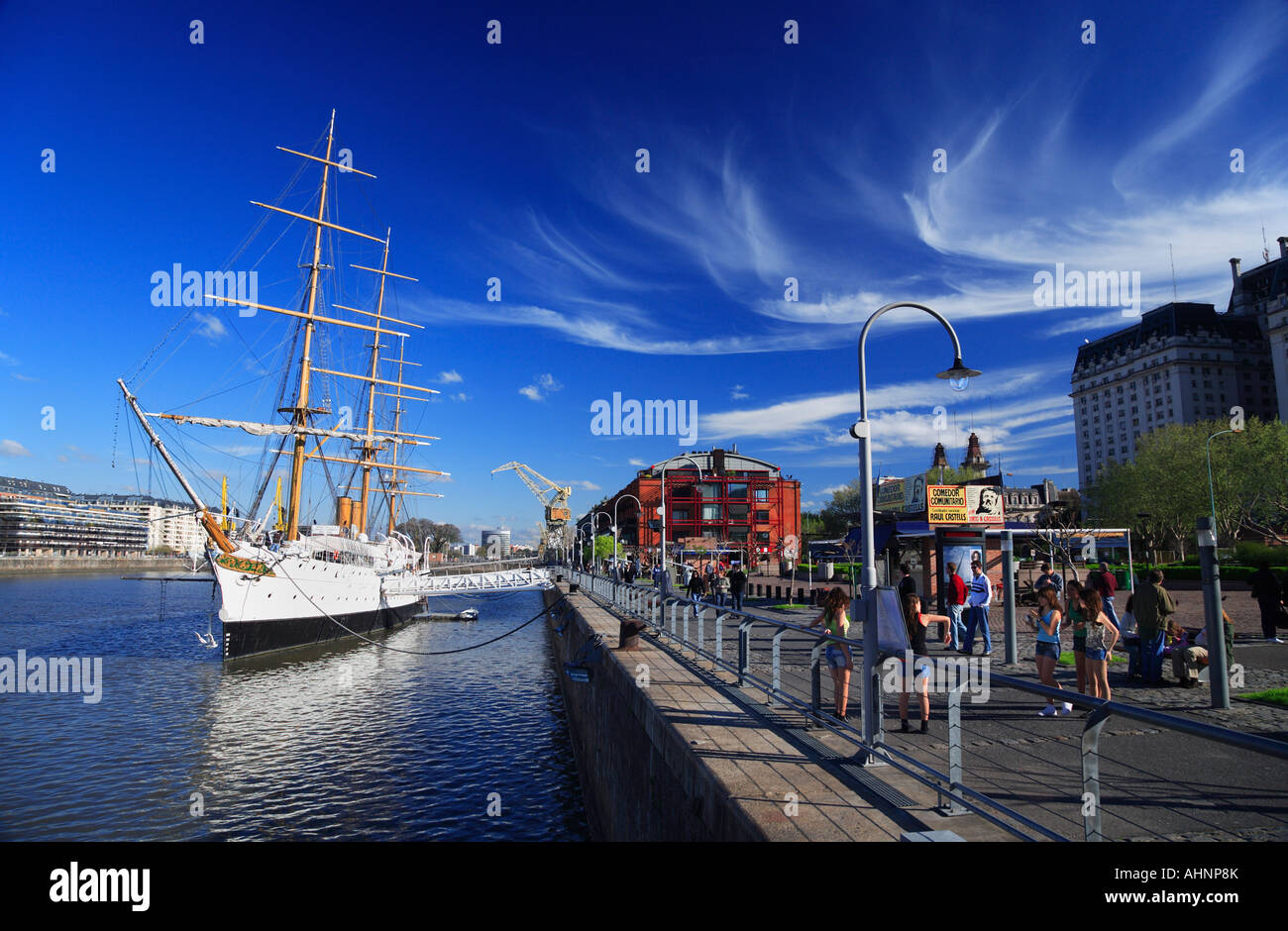 Frigate Sarmiento at Puerto Madero with people walking, Buenos Aires Argentina Stock Photo