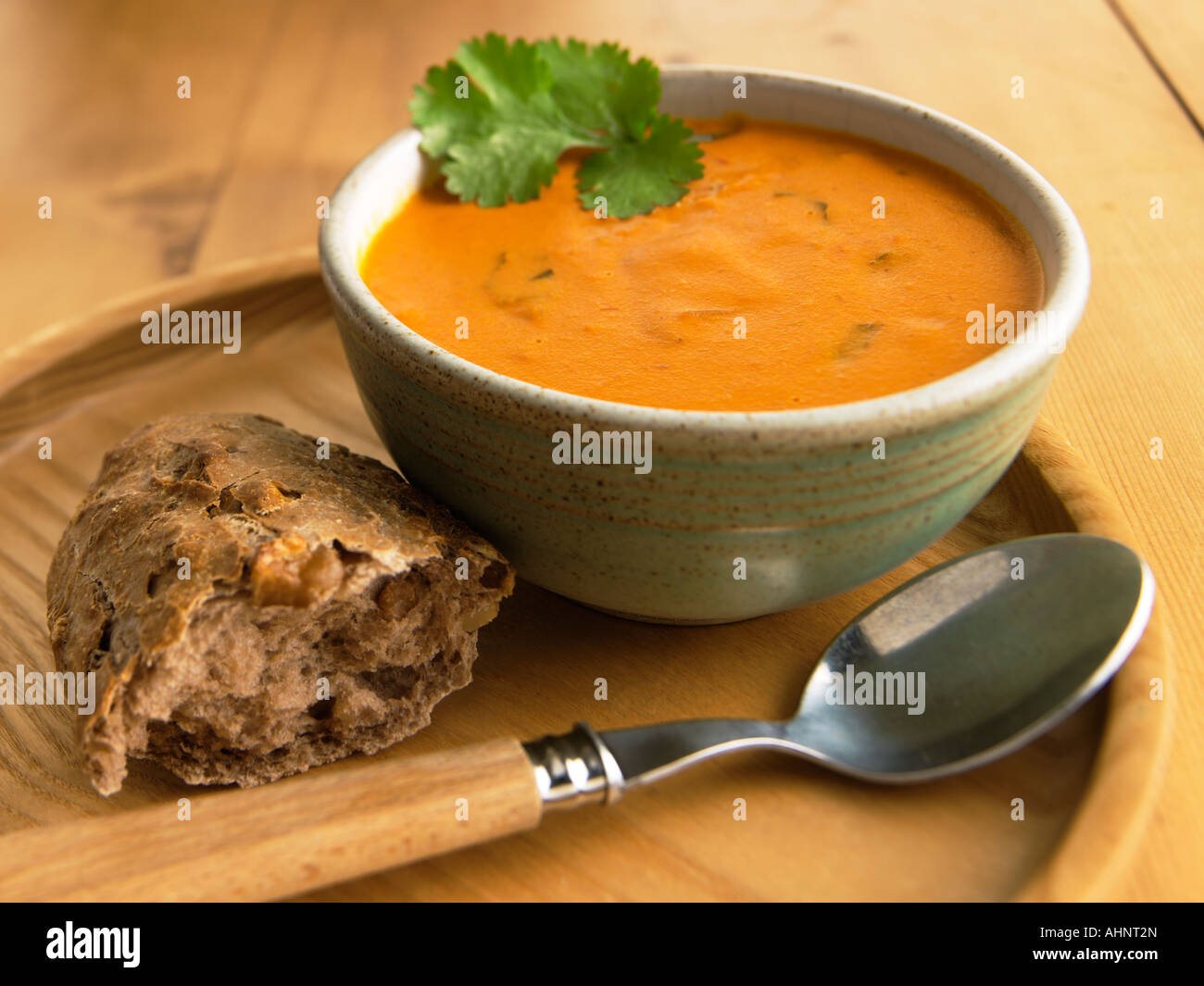 Tomato and basil soup editorial food Stock Photo