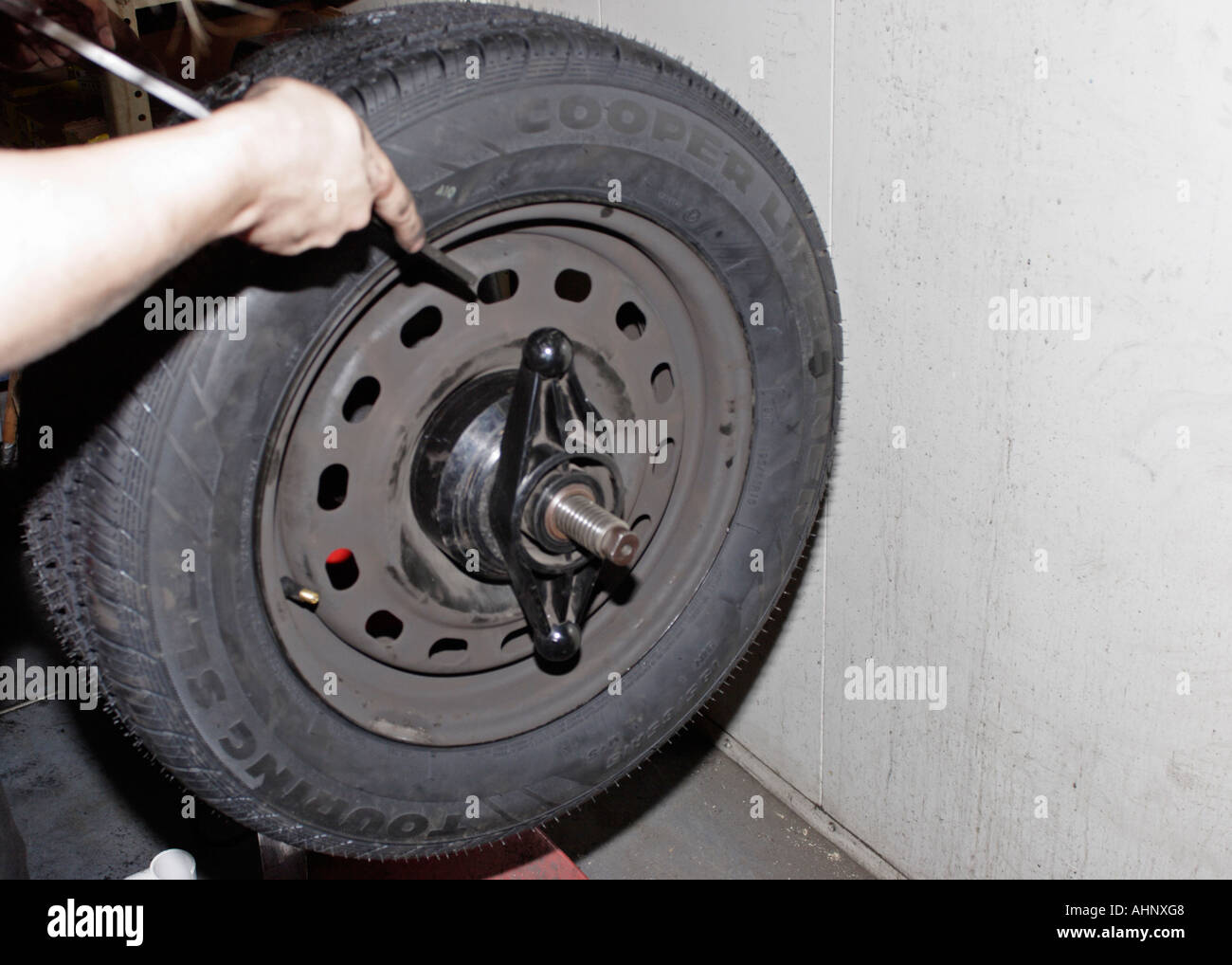 Tire on Balancing Machine Stock Photo