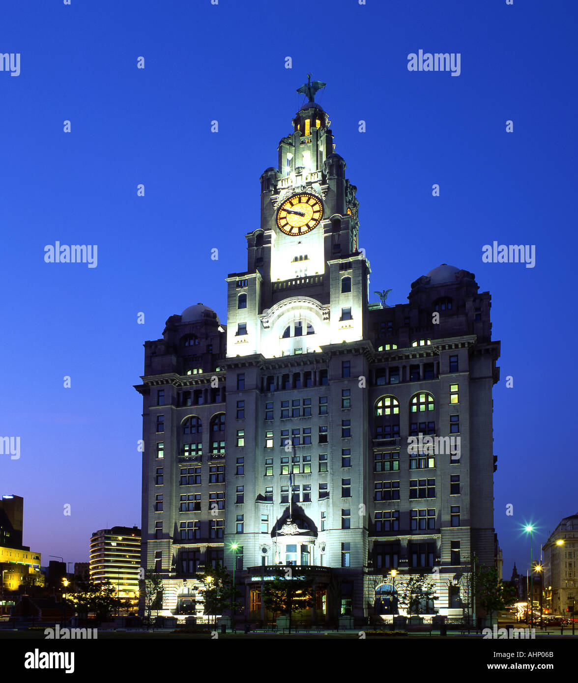 Liver Building at night, Pier Head, Liverpool, Merseyside, UK Stock Photo