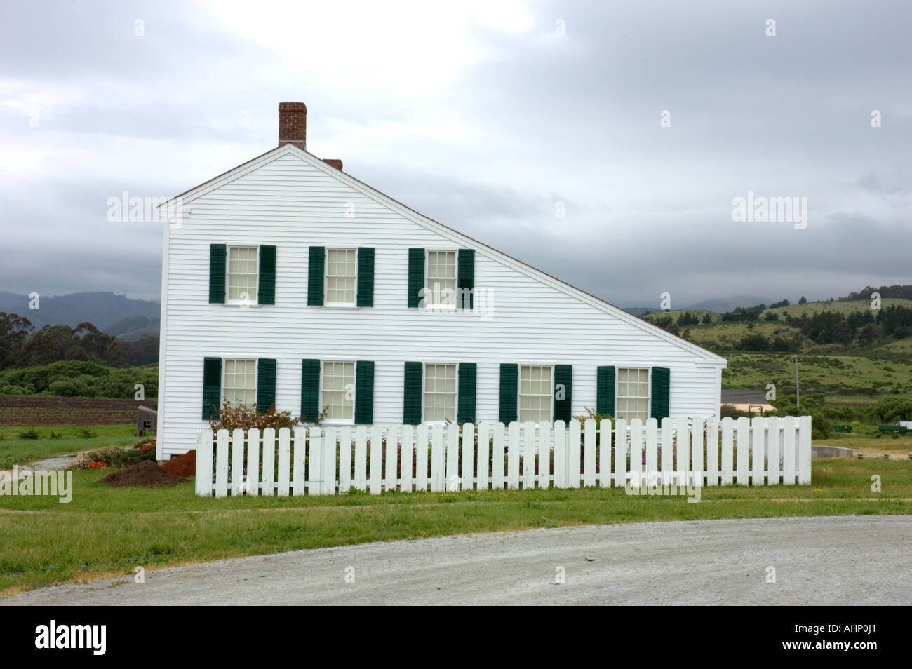 Historic James Johnston home located in Half Moon Bay California. Sometimes referred to as the  White House of Half Moon Bay. Stock Photo