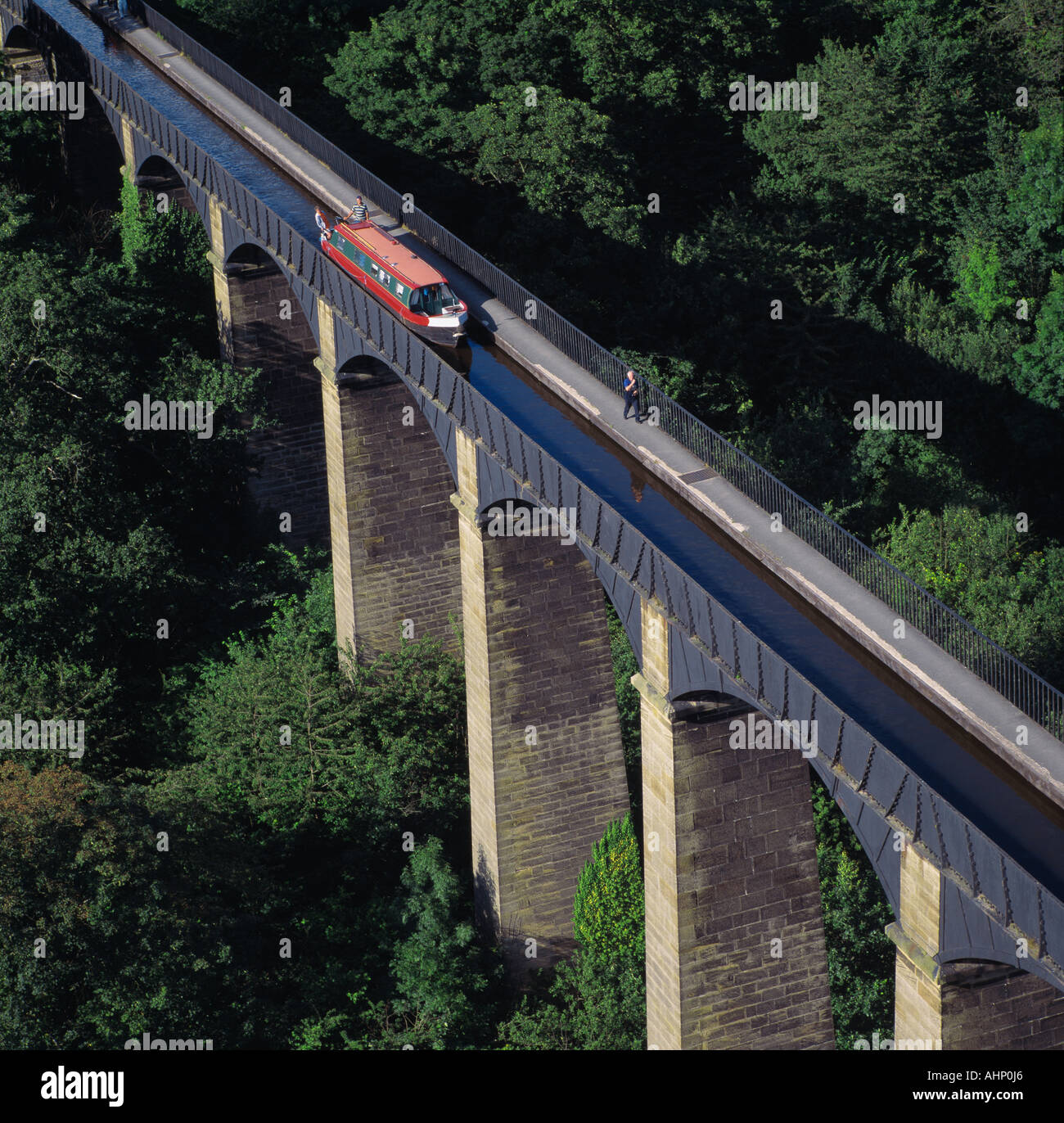 Pontcysyllte aqueduct canal boat llangollen wales aerial view stock
