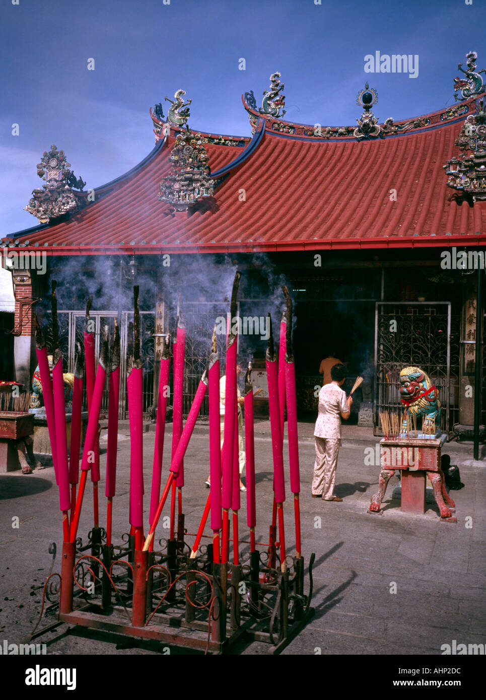 Malaysia Penang Kuan Yin Teng Temple giant incense sticks burning Stock