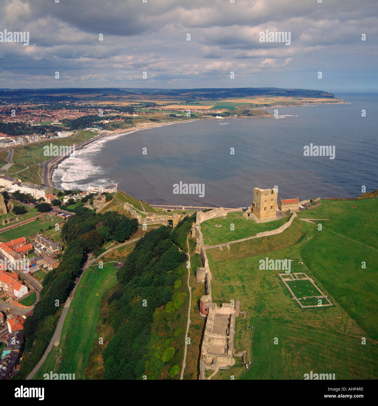 Castle overlooking North Bay Scarborough North Yorkshire aerial view Stock Photo